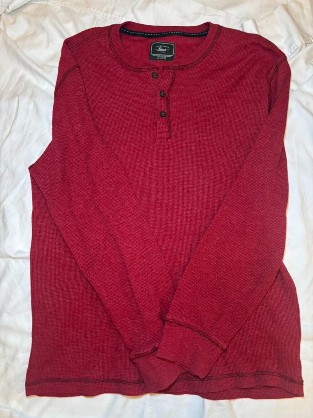 G.H. Bass Mens XL Red Waffle Knit Thermal Long Sleeve Henley Shirt Outdoor Fall